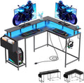 L Shaped Gaming Desk with Power Outlets &amp LED Lights 53 inch Corner Computer Desk with Monitor Stand and Storage Bag Home Office Desk Table for Bedroom Dual Workstation Carbon Fiber Black