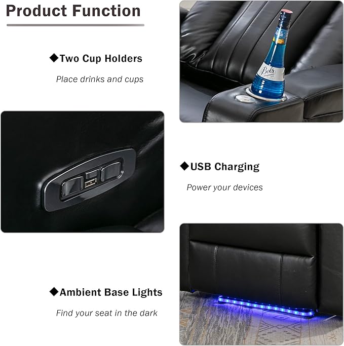 Black Power Recliner Chair with Cupholders &amp Storage - Armchair Electric Reclining with USB Port 360° Swivel Tray Table Cell Phone Stand Ambient Lighting Leather Living Room Chair for Home The