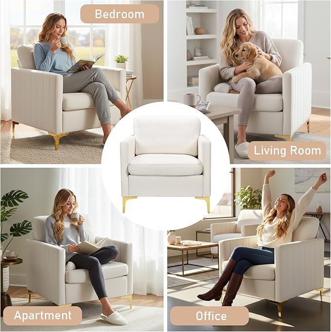 Velvet Accent Chair Modern Accent Chair with Gold Metal Legs Upholstered Reading Armchair Small Sofa Chair for Living Room Bedroom Office (Beige)