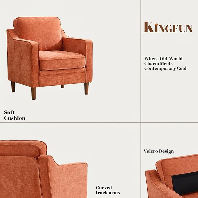 Kingfun Accent Chair Living Room Chairs Mid Century Reading Armchair Chenille with Solid Wood Foot Upholstered Modern Decor for Bedroom Apartment Orange