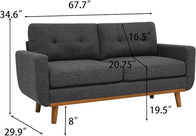 67.7 Mid-Century Modern Loveseat Sofa2-Seat Small Couch with Wooden Legs and Tufted Back for Living Room Bedroom Office ApartmentMini Upholstered Love Seat (Dark Gray)