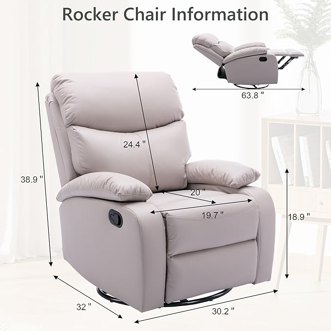 Swivel Rocker Recliner Chair Rocking Chairs with Microfiber Leather Small Manual Recliner Chair for Living Room Nursery Bedroom RV Beige