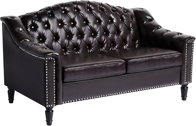 AVZEAR Chesterfield Loveseat Sofa Mid-Century Modern Upholstered PU Sofa 2 Seater Couch with Nailhead Trim and Button Tufted for Living Room Office Bedroom Brown