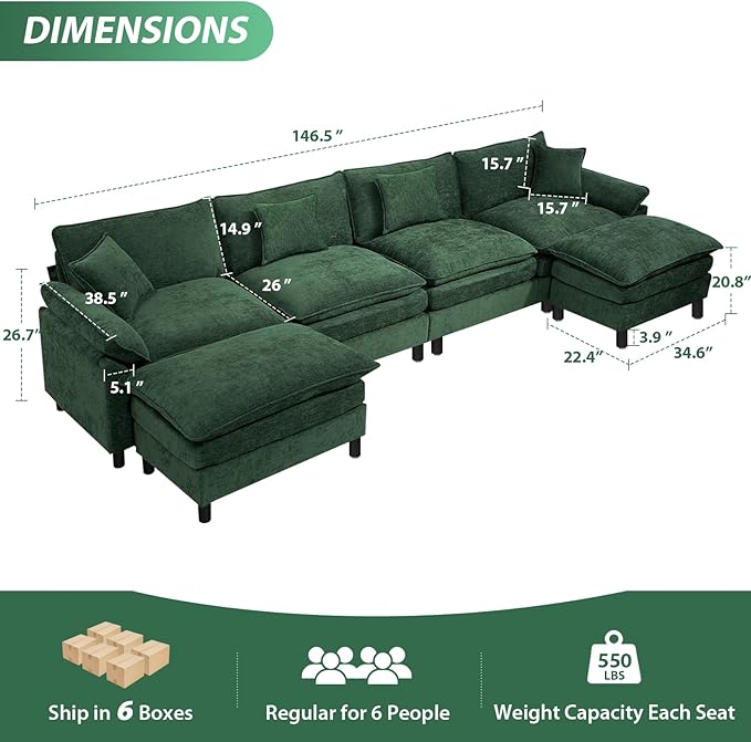 Oversized Modular Sectional Sofa 146.5 Inch U Shaped Cloud Couch Set 4-Seat Comfy Convertible Sofa with 2 Movable Ottoman DIY Combination Sleeper Couch for Living Room(Chenille Green)