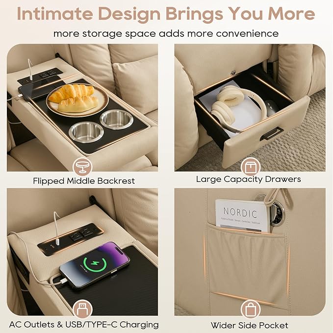 IPKIG 68 Loveseat Recliner Sofa Manual Rocker Reclining Couch with Fold Down Console Side Pocket Bluetooth Speaker Built-in Outlets Rocker Chair for Nursery Living Room Home Office (Beige)