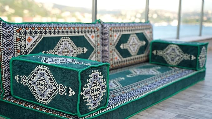 Single Arabic Floor Seating Cushions Arabic Majlis Floor Sofa Reading Nook Loveseat Sofa Single Floor Couch Ottoman Floor Pillows (Green)