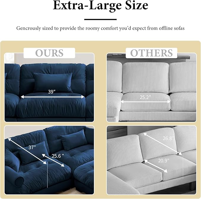 130 Oversized 3 Seater Modular Sectional Sofa Blue Large U Shaped Couch for Living Room Fluffy Velvet Cloud Set With Ottoman