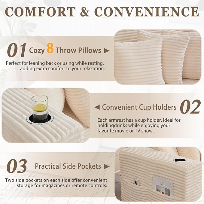 Sleeper Sofa Bed King Corduroy Modular L Shaped Sofa Oversized Reversible Chaise Lounge Modern Sectional Couch with Ottoman Cup Holder Side Pocket 8 Pillows for Living Room Beige