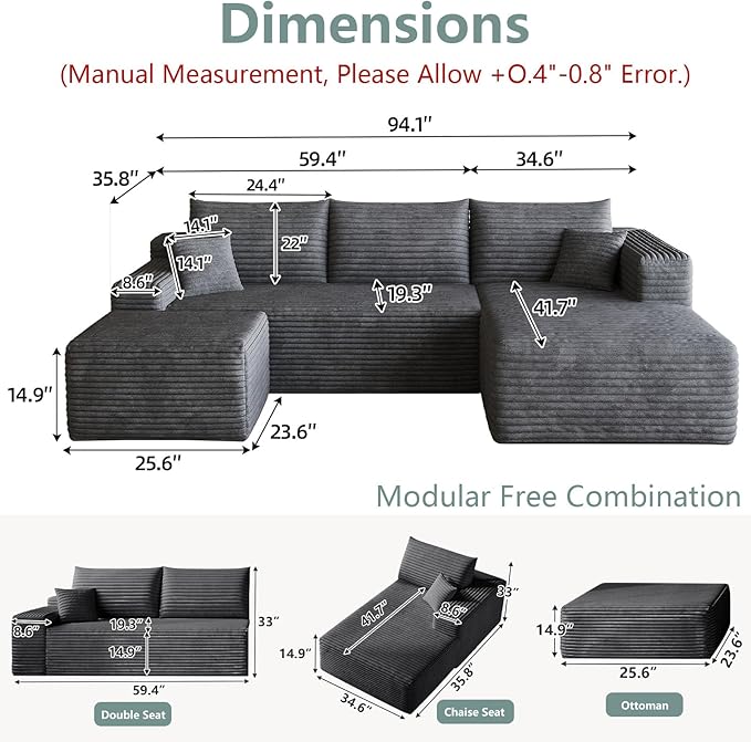 95 Modular Sectional Sofa with Ottoman Modern Corduroy Cloud Couch with Deep Seat Boneless Couch Upholstered 3-Seater U-Shaped Sofa for Living Room No Assembly (Dark GrayRight-Facing Chaise)