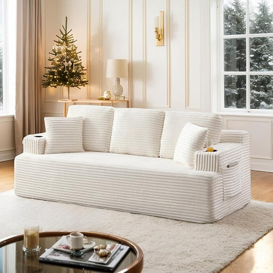 86 Small Cloud Loveseat Sofa in a Box Comfy Corduroy 2-Seater Boneless Couch Modern Deep Seat Sofa for Small Spaces Living Room &amp Apartment No Assembly Required (Beige 86 inch) | Memory Foam