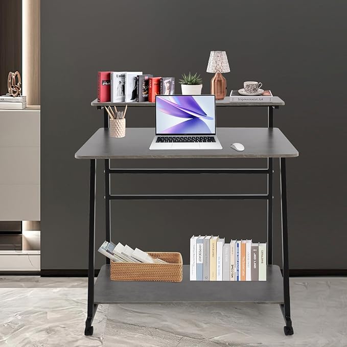 Home Office Desk3 Tier Rolling Computer Desk36inch Modern Home Desk Computer Desk Writing Table with Under Desk Storage Shelves for Home Office Study Bedroom (Black+Grey)