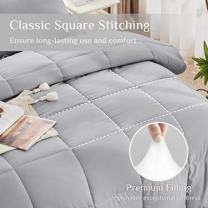 JOLLYVOGUE King Comforter Set Ultra-Soft Bed in a Bag King Size 7 Pieces Oeko-TEX Certified Bedding Set with Down Alternative Comforter Sheets Pillowcases &amp Shams Light Grey