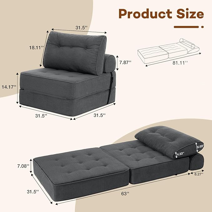 HOMMPA Folding Sofa Bed Convertible Sleeper Chair with Pillow Foldable Mattress with Back Support Portable Fold Out Sleeper Sofa Bed Floor Lounge Sofa for Living Room Home Office Single Size Dark Gray
