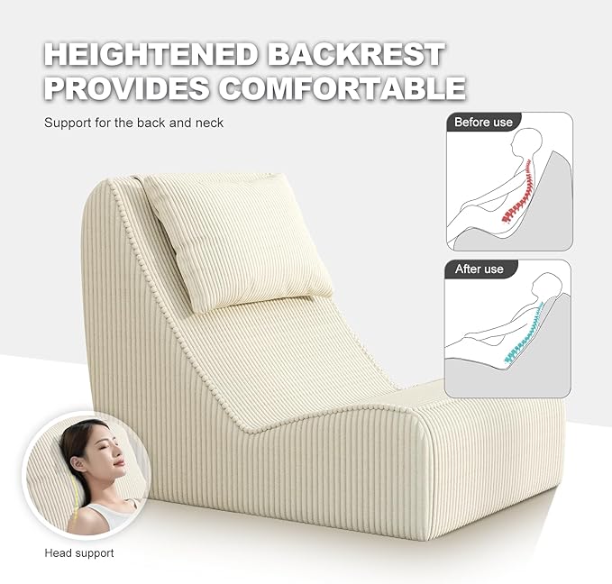 Giant Bean Bag Chair for AdultsCorduroy Chaise Lounge with Unrivaled Back Support Detachable Neck Pillow Comfortable Ottoman &amp Washable Cover for Living Room Bedroom Garden(White)