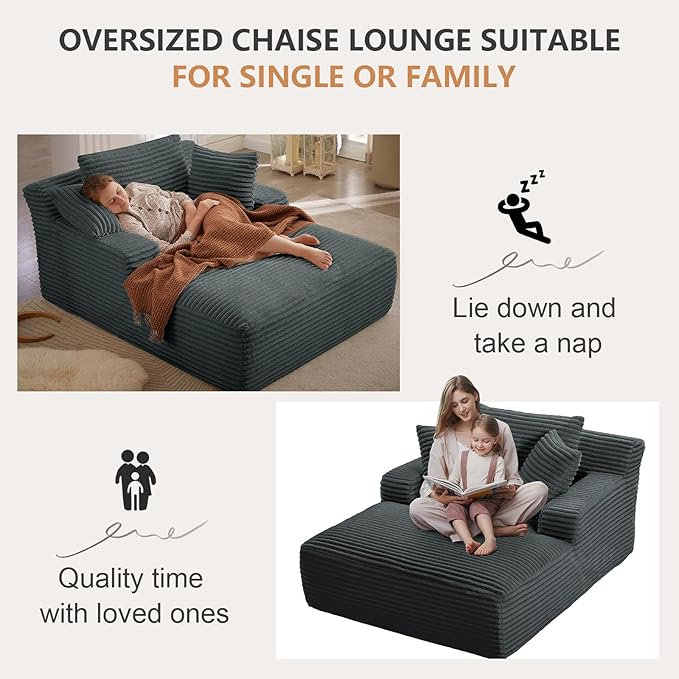 49.2Oversized Chaise Lounge Chair IndoorCorduroy Boneless Reading Chair with 3 PillowsDeep Seat Cloud Sofa BedComfy Modern Sleeper Chairs in Box for Living Room BedroomNo Assembly(Dark Grey)