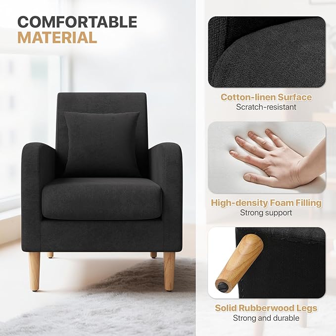 Magshion Mid-Century Accent Chair for Living Room Comfy Reading Chair for Bedroom Upholstered Linen Fabric Armchair Single Sofa with Back Pillow &amp Wood Legs 300 lbs Capacity Black