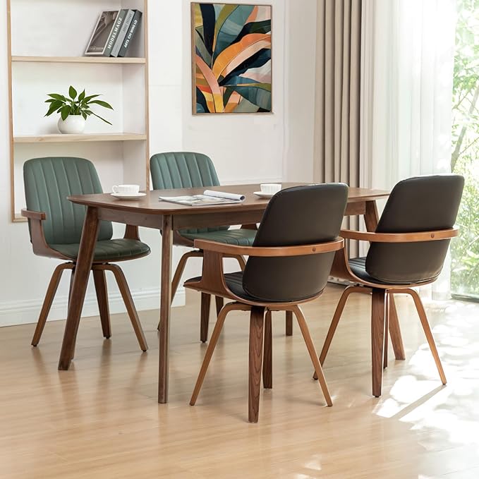 Swivel Dining Chairs Set of 2 Mid Century Modern Dining Chairs with Walnut Craftsmanship Upholstered Faux Leather  Wooden Arms and Legs Kitchen Chairs with Arms for Kitchen/Living Room - Beige