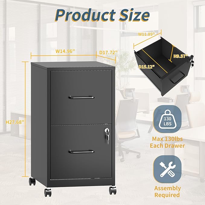 2 Drawer File Cabinet on WheelsMobile Filing Cabinets with LockMetal Storage CabinetVertical Filing Cabinets for Home OfficeRolling File Cabinet for Under DeskAmssebly Required Black