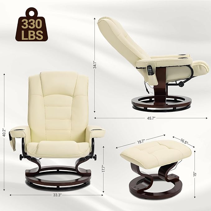 Heated Massage Recliner Chair with Ottoman PU Leather Lounge Chair with Footrest &amp 360 Swivel Wooden Base for Adults Bedroom Living Room Beige