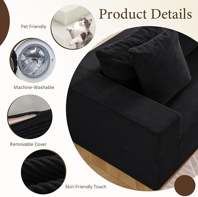 INGEROOM 108 Modular Cloud Sectional Couch with Deep Seat Boneless Sofa with Movable Ottoman Plush Corduroy Memory Foam Couch for Living Room No Assembly Dark Gray