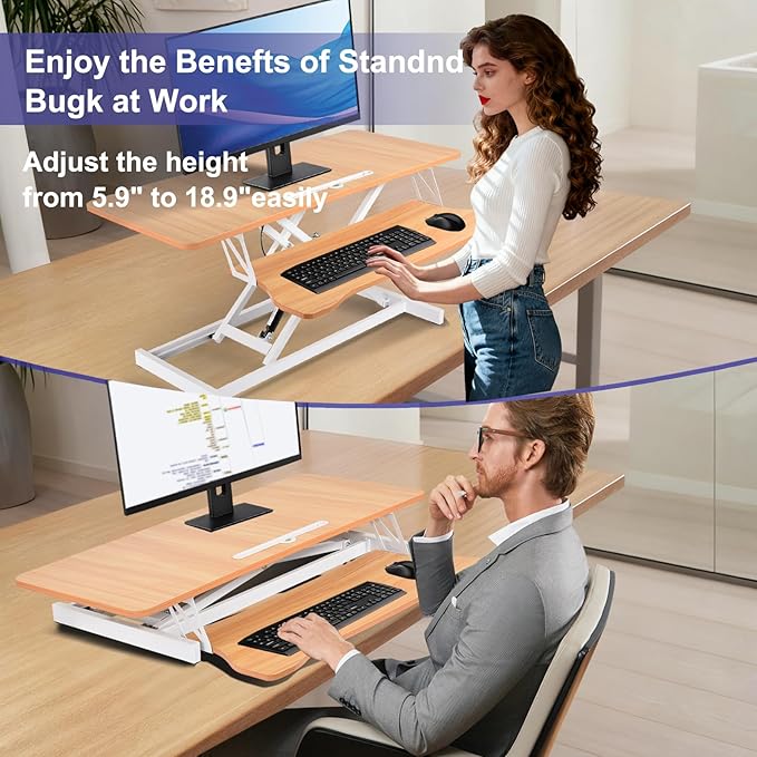 38-Inch Height Adjustable Standing Desk Converter Duals Monitor &amp Laptop Riser with Wide Keyboard Tray Sit to Stand Ergonomic Workstation for Home Office School Business Log Color