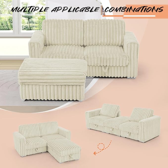 72 L-Shape Corduroy Sofa with Movable Ottoman Upholstered Seational Sofa with Stable Feet Deeper 2 Seats Couch with Thickened Seat Cushions for Living Room Bedroom Office Beige