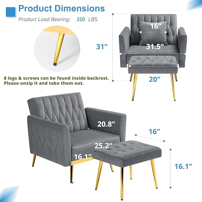 Velvet Accent Chair with Adjustable Armrests and Backrest Button Tufted Lounge Chair Single Recliner Armchair with Ottoman and Pillow for Living Room Bedroom Grey