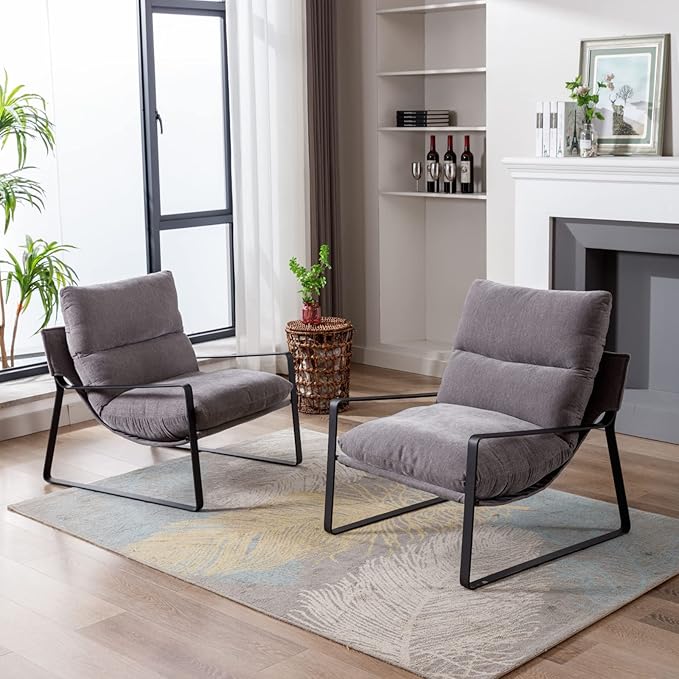 HEAH-YO Modern Accent Chairs Set of 2 Linen Fabric Living Room Chairs with Removable Cushion and Solid Metal Frame Comfy Reading Chairs for Bedroom Grey