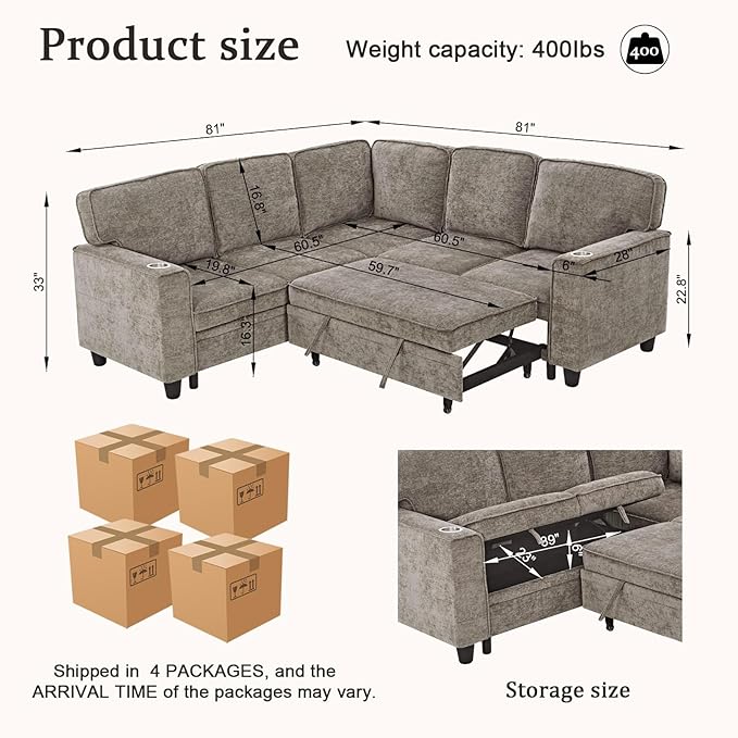 ERYE L-Shaped Symmetrical Sleeper Sectional Sofa W/Pull Out Sleeper Couch Bed and Storage Seat for Living Room Chenille Tufted Corner Convertible Sofa Bed with USB-C Ports