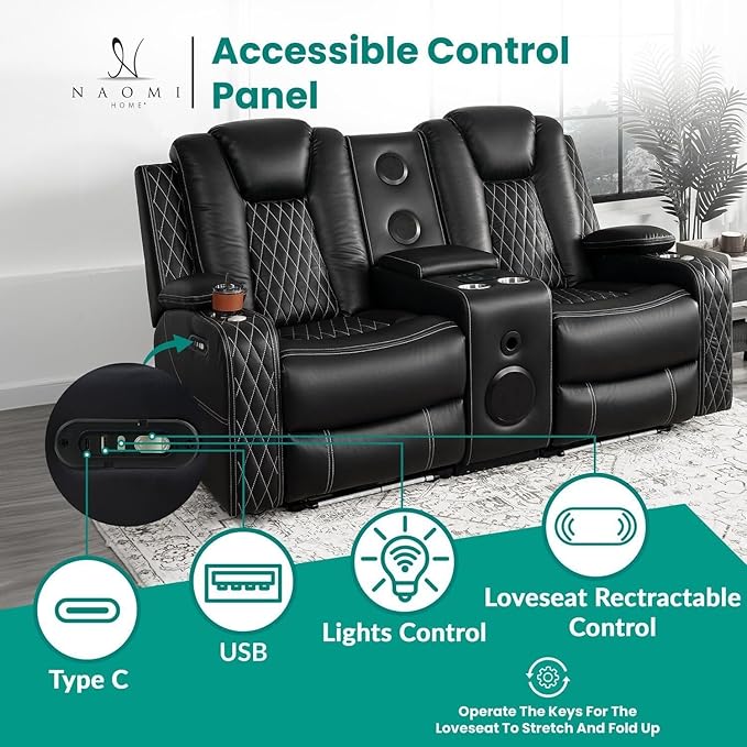 Chicago Home Theater Recliner Chair – Bluetooth Speakers Wireless Charging Power Recline Adjustable Headrest LED Lighting Cup Holders &amp Premium Faux Leather for Ultimate Comfort