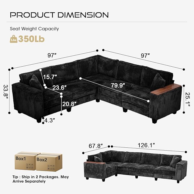 97 Inches Corduroy Couch with 2 Pillows Deep Seat Sectional Sofa Armrests with Two Hidden Storage Space Corner Couch Oversized L Shaped Cloud Couches for Living Room Black