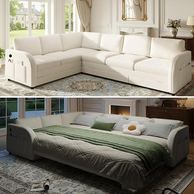 115.2 L Shaped Couch Bed Sectional Couches for Living Room Teddy Fabric Sleeper Sofa Bed with Pull Out Couch Convertible Sectional Couch with Charging Station &amp Side Pocket Beige