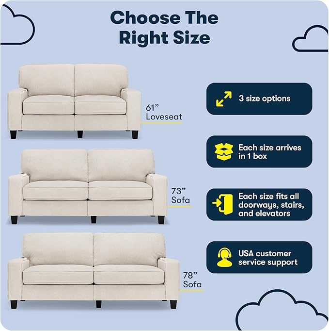 Serta Palisades 73 Track Arm Sofa Easy Care Polyester Soft Pillow Back Pocket Coil Seat Cushions Removable Covers Loveseat or Couch for Small Spaces Living Rooms or Bedrooms Cream White