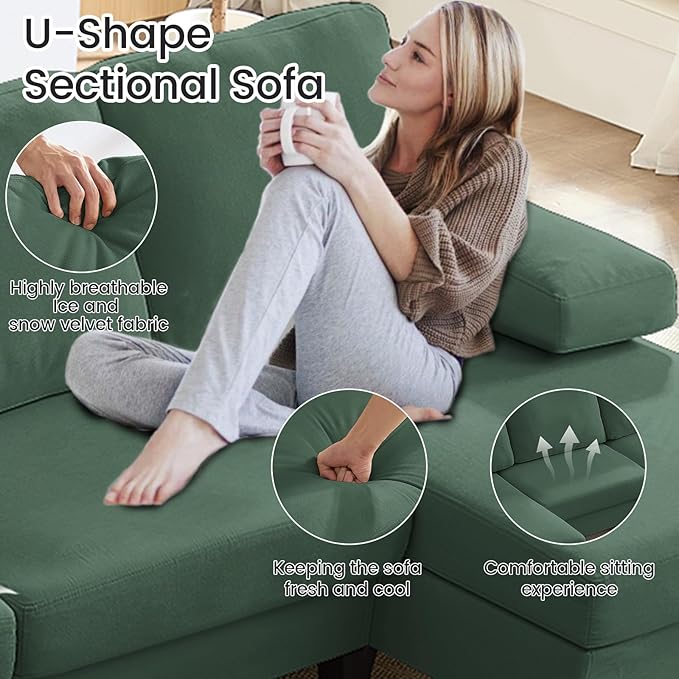 Mjkone 110 Width Sectional Couches with Chaises for Living Room U Shaped Cloud Sofa Couch with Ice Velvet Fabric Minimalist 4 Seater Sofa Set Living Room Sets Furniture for Home Office Green