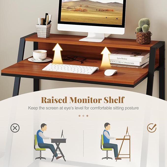 Giantex Small Computer Desk 31.5 Compact Home Office Desk with Monitor Stand &amp Sturdy Frame 2-Tier Space-Saving Study Writing Desk for Small Spaces Apartment and Bedroom (Walnut)