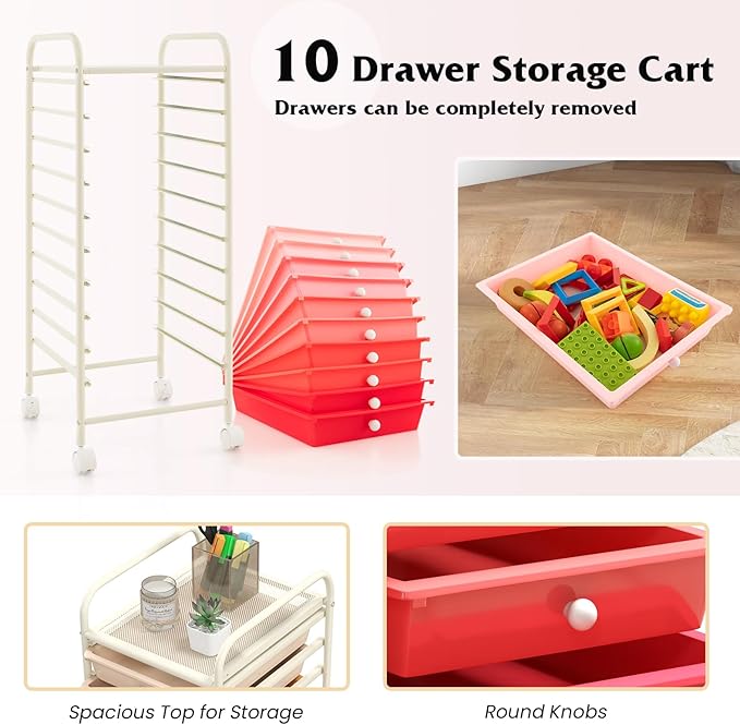 Giantex 10-Drawer Storage Cart w/Universal Wheel Rolling Cart w/Handle Home Organizer Storage Unit w/Removable Drawers Trolley Utility Cart for Kitchen Makeup Living Room Office Play Room