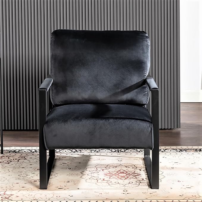 Classic Mid Century Modern Accent Chair with Square Metal Frame for Living Room Bedroom Office Black Velvet