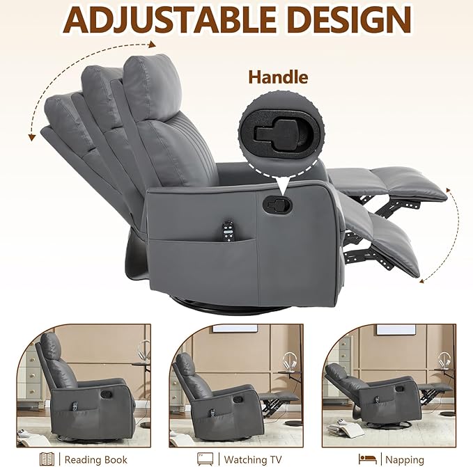 Slim Swivel Rocking Chair Recliner with PocketsLazy Boy Recliners for for AdultsSmall Recliner Chair for Small Spaces Manual Reclining Chair for Living Room Bedroom (Dark Grey)
