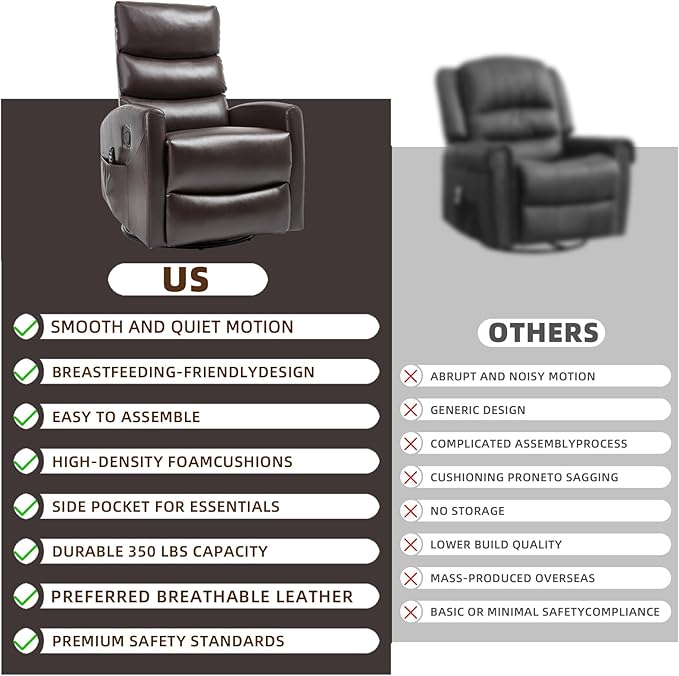 PELUMY 360° Swivel Rocker Recliner with Heat &amp Vibration Massage Glider Rocking Chair for Adults Compact Recliner for Living Room Small Spaces Nursery Bedroom (Breathable Leather Brown)