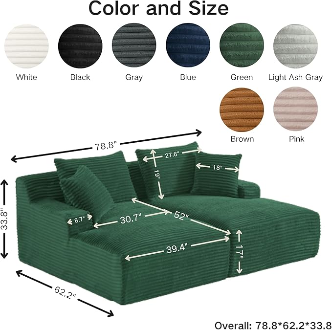 79 Double Chaise Lounge Chair Indoor: Oversized Comfy Corduroy Upholstered Boneless Couch with 4 Pillows for Living Room Bedroom and Apartment Deep Seat Sleeper Sofa 2-Seat Green