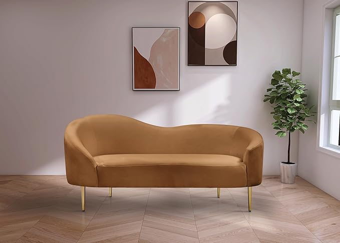 Meridian Furniture 659Saddle-L Ritz Collection Modern | Contemporary Upholstered Loveseat with Rich Saddle Velvet Gold Metal Legs Curved Contemporary Design 67 W x 31.75 D x 30.5 H Saddle