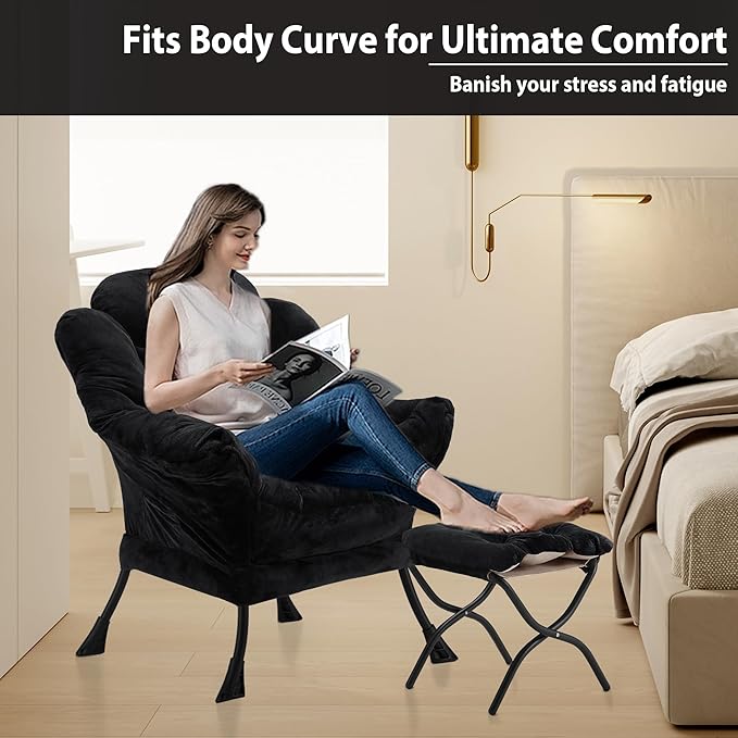 Lazy Chair with Folding Ottoman Accent Chair Plush Upholstered with Metal Structure and Non-Slip Pads Sofa Armchair with Footrest and Side Storage Bag for Dorm Room Office Black