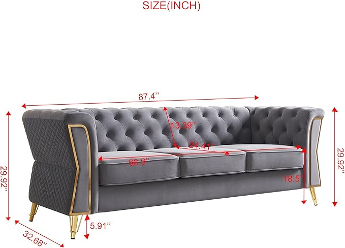 87.4 Modern Tufted Velvet Armchair with Gold Metal Legs and Unique Design of The Arms and Back 3-Seat Sofa Set with Velvet Fabric for Living Room Office Apartment Beige