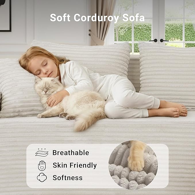 Boneless Couch Cloud Couch Sectional L-Shape Corduroy Modular Sectional Sofa Deep Seat Upholstered Couches for Living Room No Assembly Required Beige Left Facing Chaise