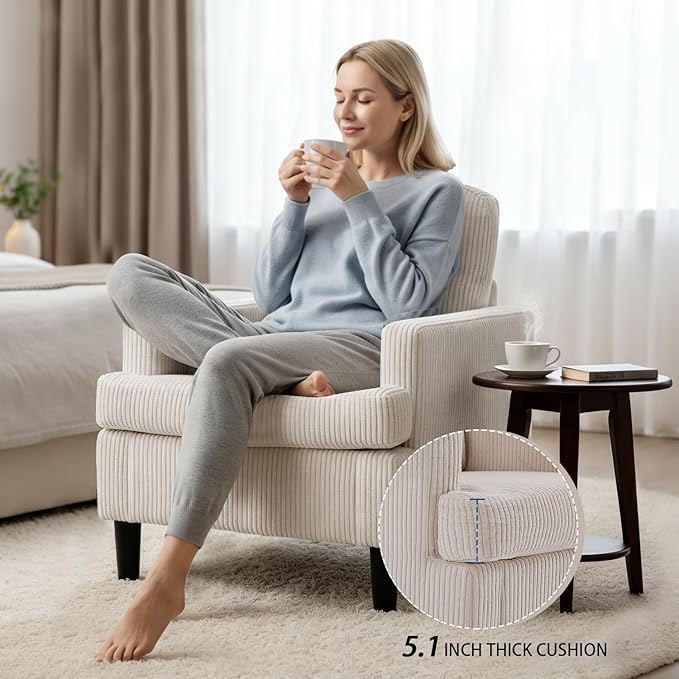 Modern Accent Chair Cozy Living Room Chairs Mid Century Modern Accent Chairs Reading Chair with Armrests for Living Room Bedroom and Study（Beige）