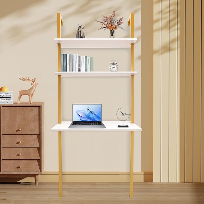 Wall Mounted Desk Computer Writing Table Industrial Wall Mount Ladder 3 Tier Computer Desk for Home Office Student Dormitories (Gold+White)