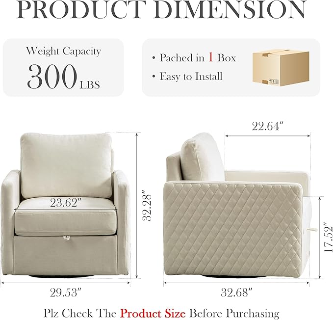 Aoiy &amp Wifon 29.5''W Swivel Accent Chair Comfy Modern Square Arm Chair with Hidden Storage for Living Room/Bedroom/Office Chenille Beige