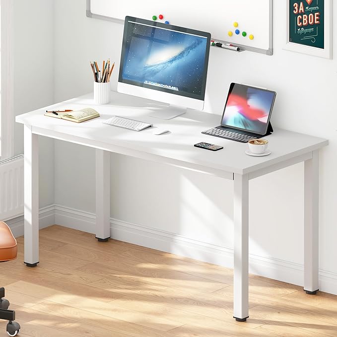 DlandHome 47 inches Medium Computer Desk Home Composite Wood Board Desk Decent and Steady Home Office School Desk/Workstation/Table BS1-120WW White and White Legs 1 Pack