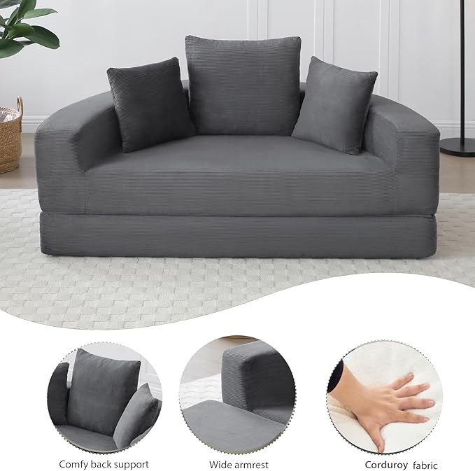 67 Round Convertible Folding Sofa Bed Boneless Couch Loveseat Floor Sleeper Chaise Lounge for Living Room Apartment Dorm Small Spaces Gray