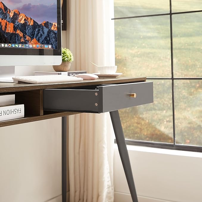 Mid-Century Modern Desk with USB Ports &amp Power Outlet – Ergonomic Home Office Workstation Study Writing Desk with Storage Drawers Multifunctional Computer Desk (Walnut)